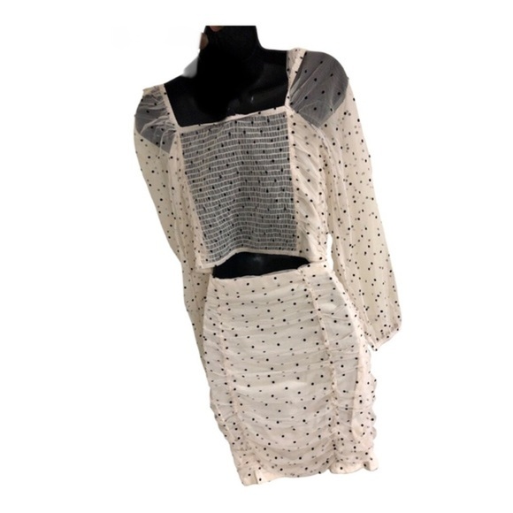 Cream 2pc polka dot chiffon tulle tufted sheer sleeve blouse &‎ skirt set size L - Picture 17 of 17